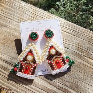Snowy Gingerbread House Beaded Earring with Faux Pearl